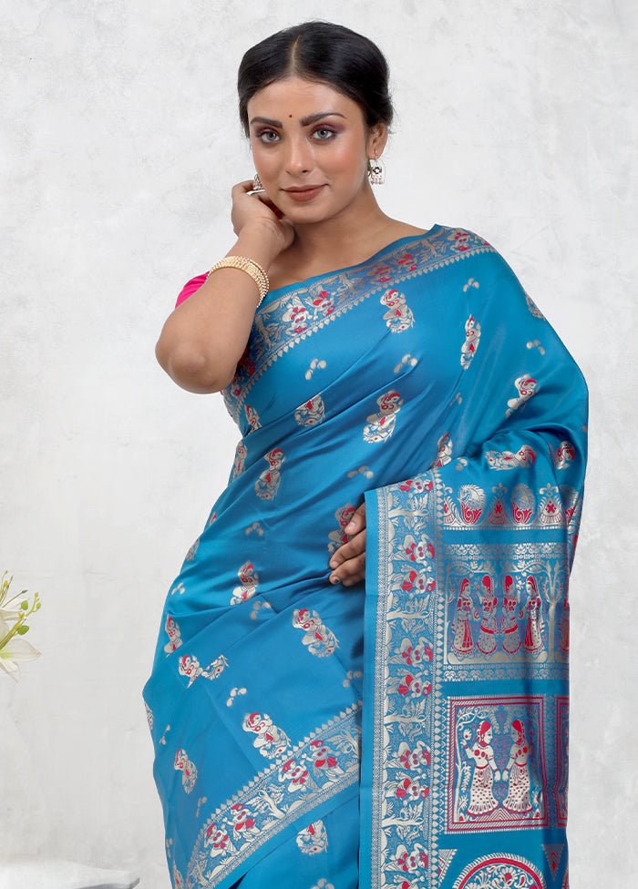 Blue Baluchari Silk Saree Without Blouse Piece - Indian Silk House Agencies