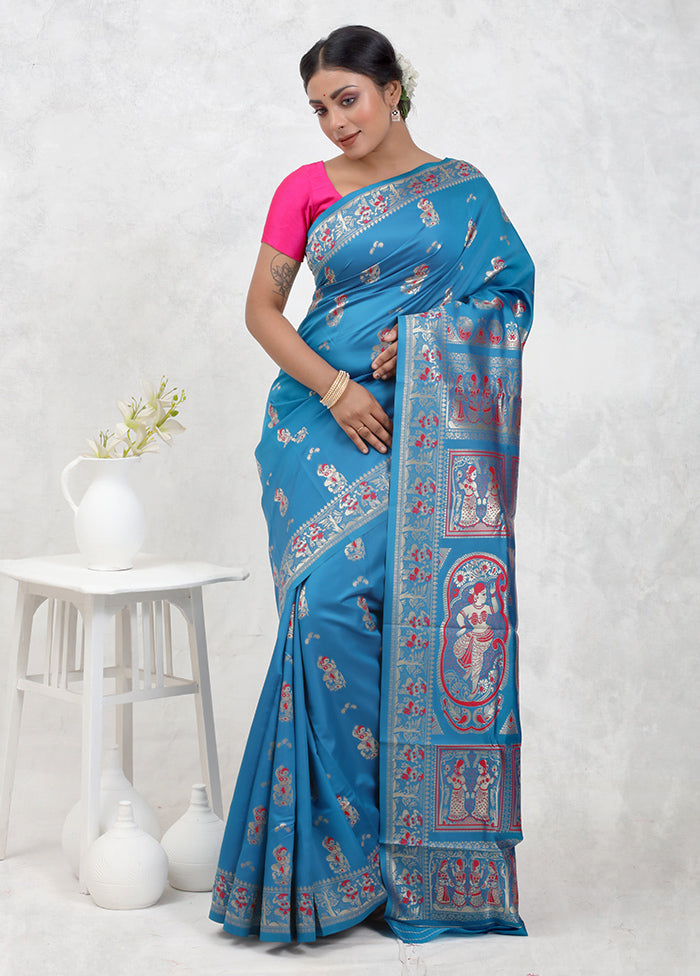 Blue Baluchari Silk Saree Without Blouse Piece - Indian Silk House Agencies