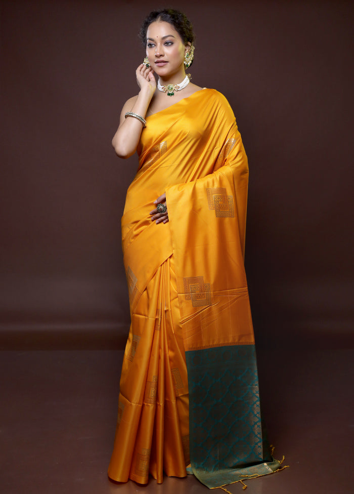 Yellow Dupion Silk Saree With Blouse Piece