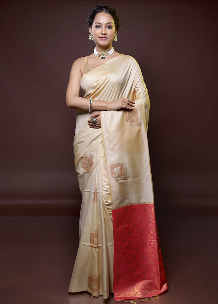 Cream Dupion Silk Saree With Blouse Piece