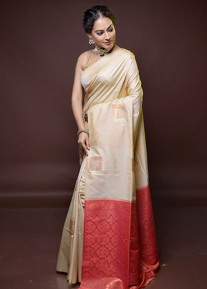 Cream Dupion Silk Saree With Blouse Piece