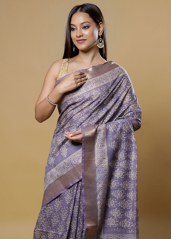 Purple Tussar Silk Saree With Blouse Piece