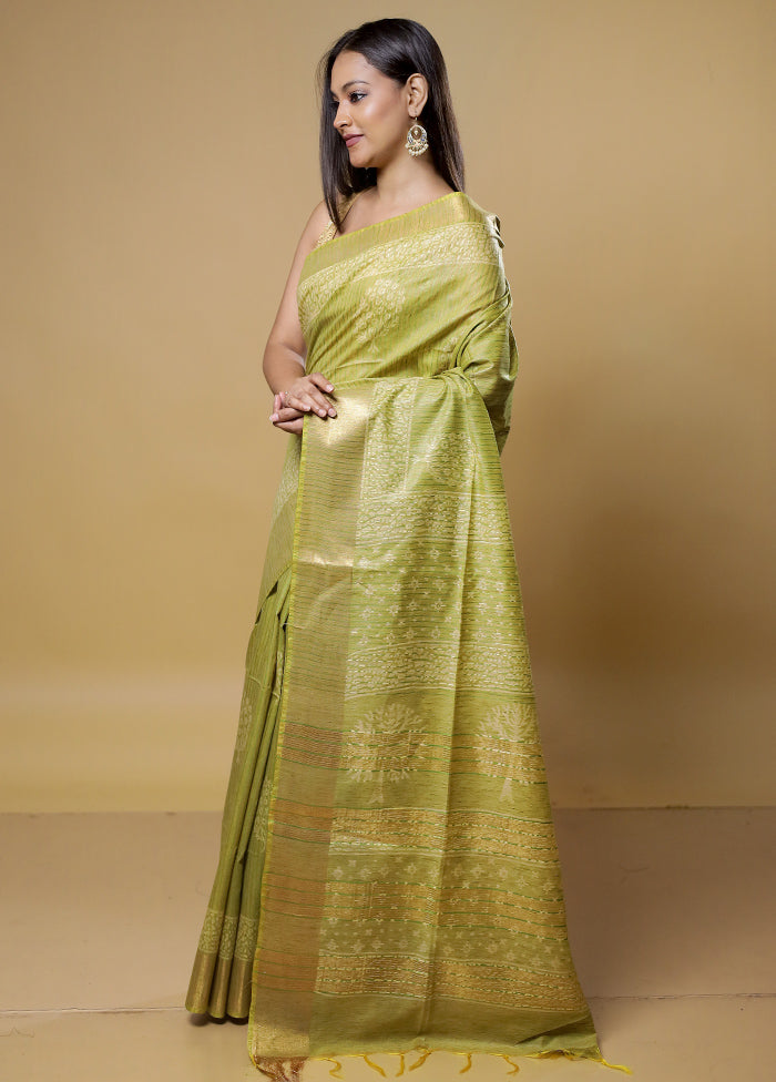 Green Tussar Silk Saree With Blouse Piece