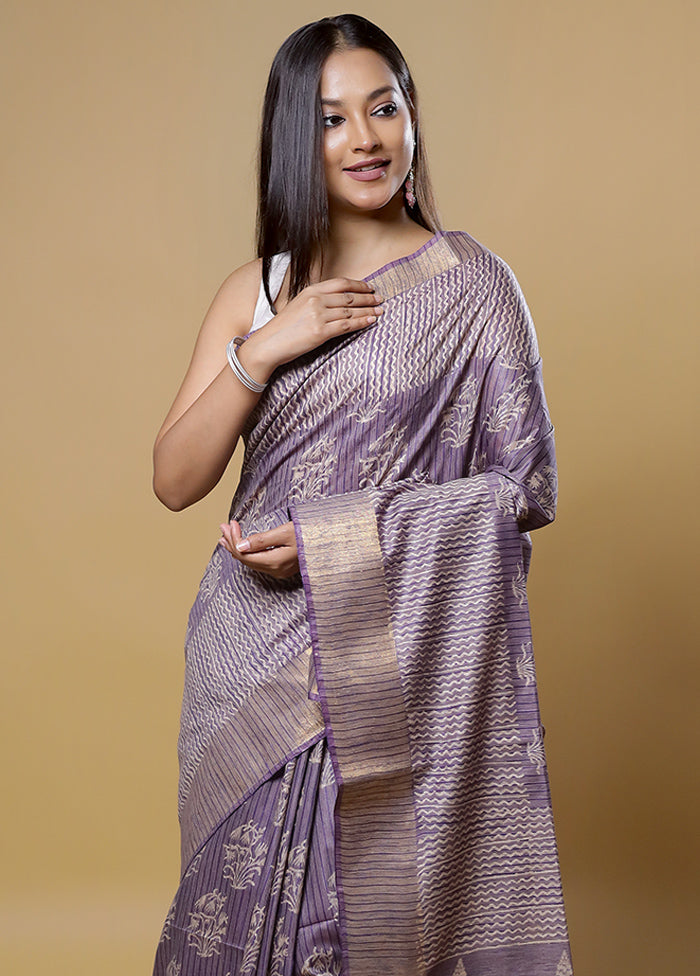 Purple Tussar Silk Saree With Blouse Piece