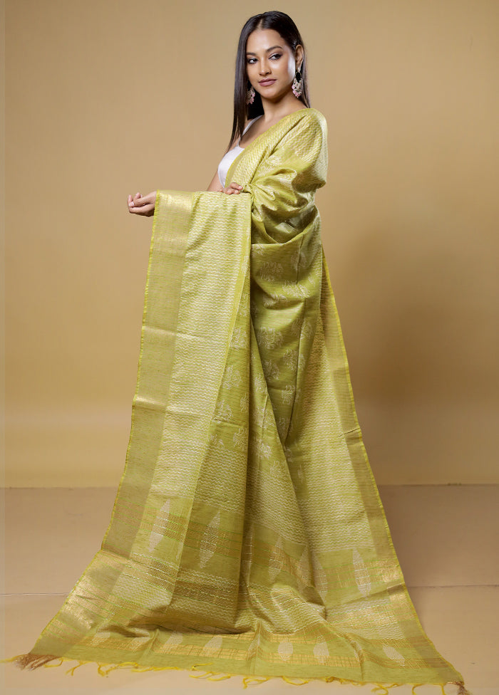 Green Tussar Silk Saree With Blouse Piece