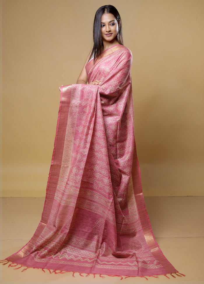 Pink Tussar Silk Saree With Blouse Piece