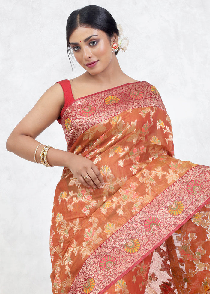 Orange Kora Silk Saree Without Blouse Piece - Indian Silk House Agencies