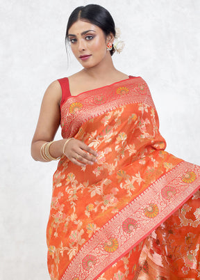 Orange Kora Silk Saree Without Blouse Piece - Indian Silk House Agencies