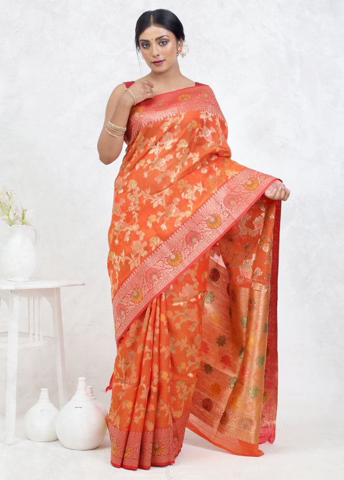 Orange Kora Silk Saree Without Blouse Piece - Indian Silk House Agencies