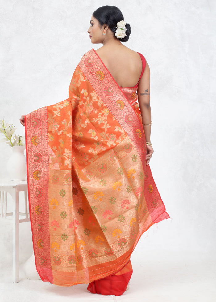 Orange Kora Silk Saree Without Blouse Piece - Indian Silk House Agencies