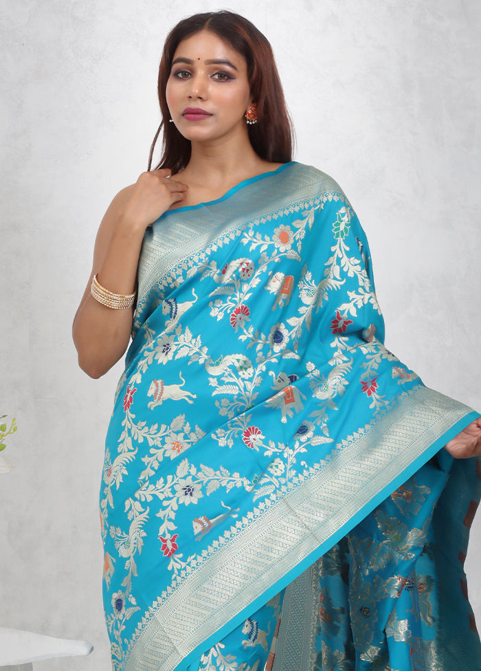 Blue Dupion Silk Saree Without Blouse Piece - Indian Silk House Agencies