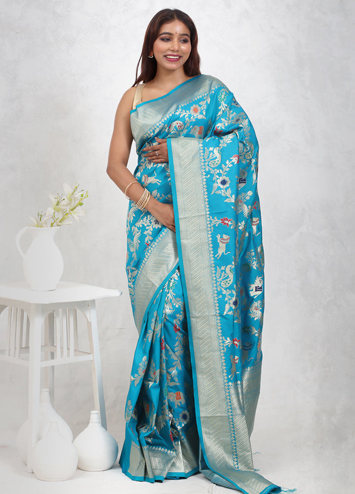 Blue Dupion Silk Saree Without Blouse Piece - Indian Silk House Agencies