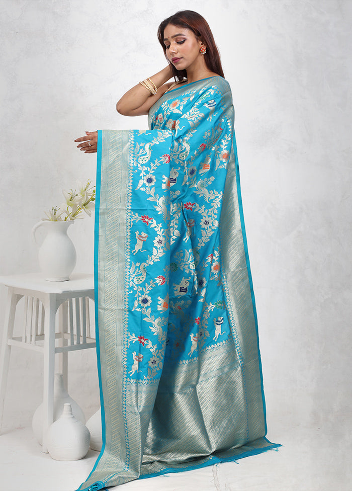 Blue Dupion Silk Saree Without Blouse Piece - Indian Silk House Agencies