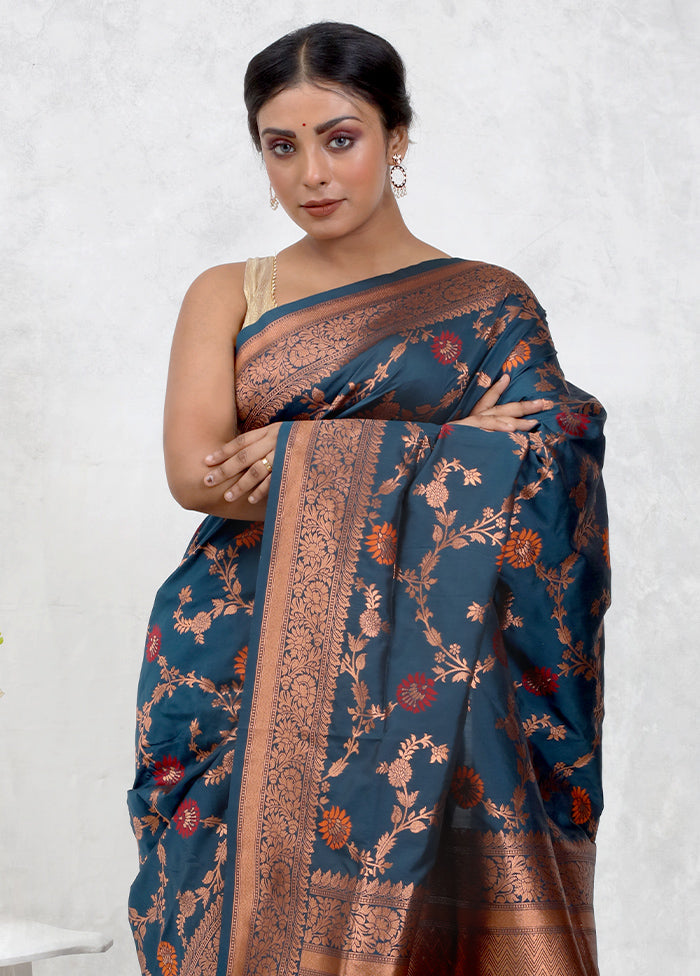 Blue Dupion Silk Saree Without Blouse Piece - Indian Silk House Agencies