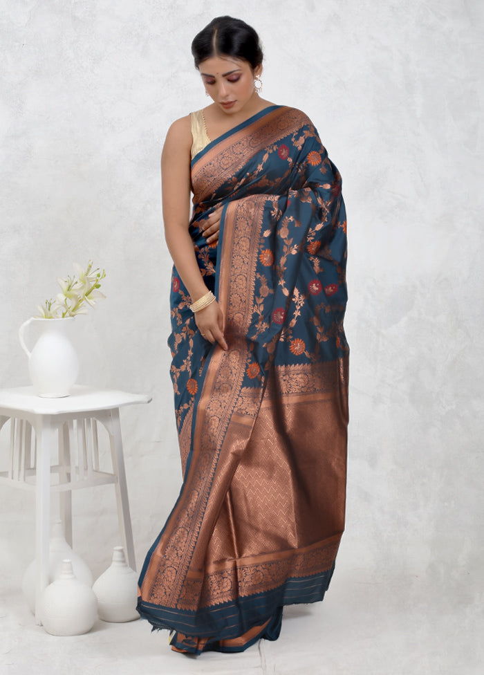 Blue Dupion Silk Saree Without Blouse Piece - Indian Silk House Agencies