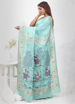 Green Dupion Silk Saree Without Blouse Piece - Indian Silk House Agencies