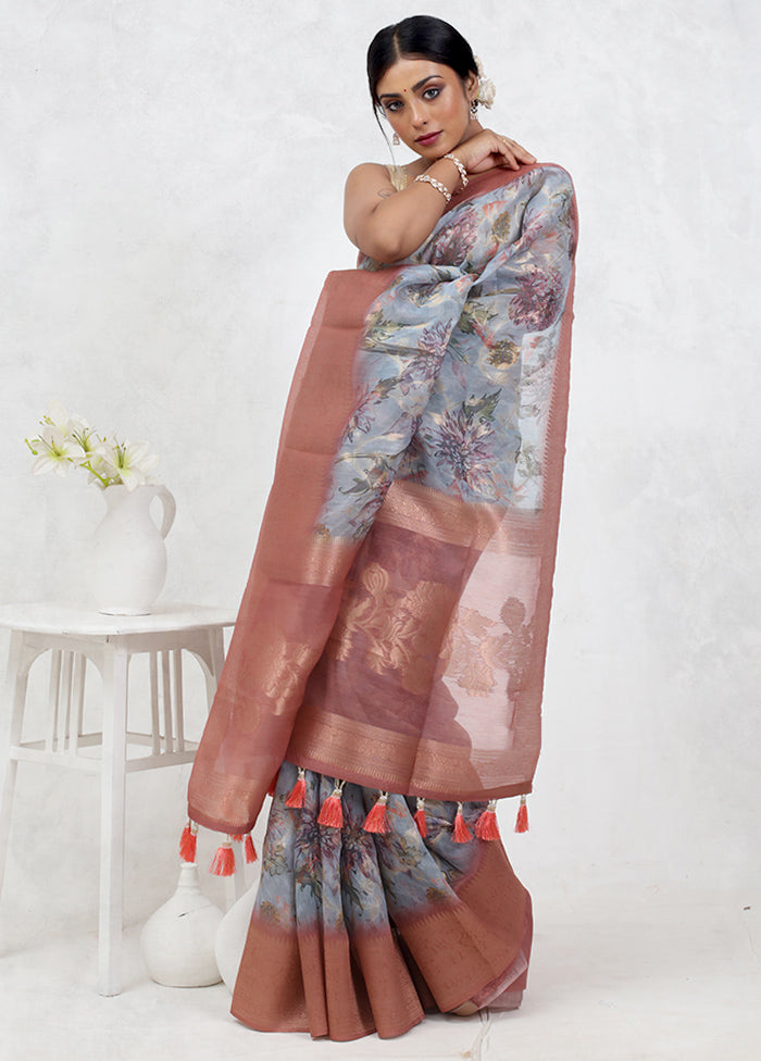 Blue Organza Saree Without Blouse Piece - Indian Silk House Agencies