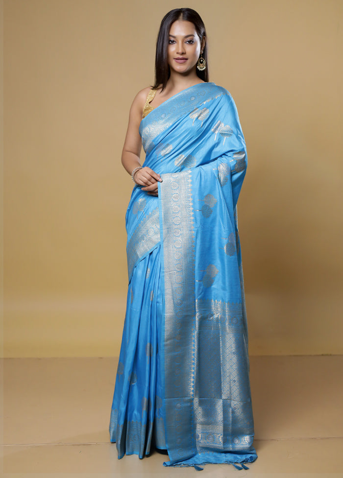 Blue Dupion Silk Saree With Blouse Piece