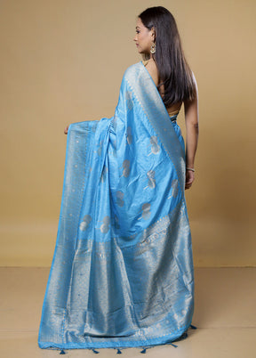 Blue Dupion Silk Saree With Blouse Piece