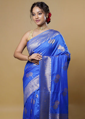 Blue Dupion Silk Saree With Blouse Piece