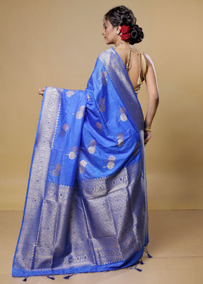 Blue Dupion Silk Saree With Blouse Piece