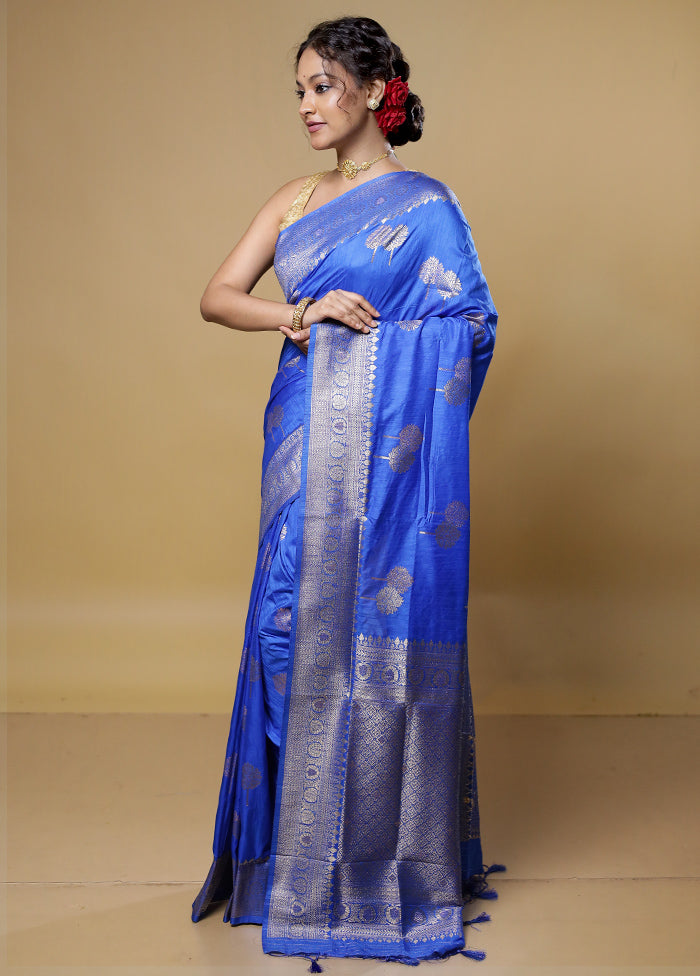 Blue Dupion Silk Saree With Blouse Piece