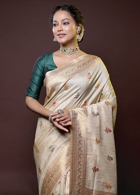 Cream Dupion Silk Saree With Blouse Piece