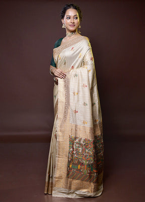 Cream Dupion Silk Saree With Blouse Piece