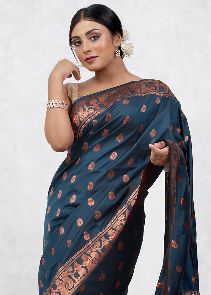 Blue Dupion Silk Saree Without Blouse Piece - Indian Silk House Agencies