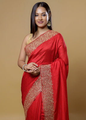 Red Dupion Silk Saree With Blouse Piece