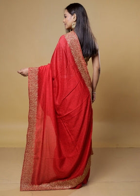 Red Dupion Silk Saree With Blouse Piece