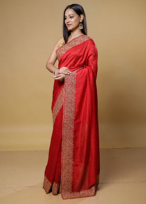 Red Dupion Silk Saree With Blouse Piece