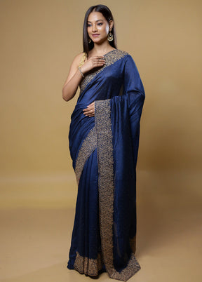 Blue Dupion Silk Saree With Blouse Piece