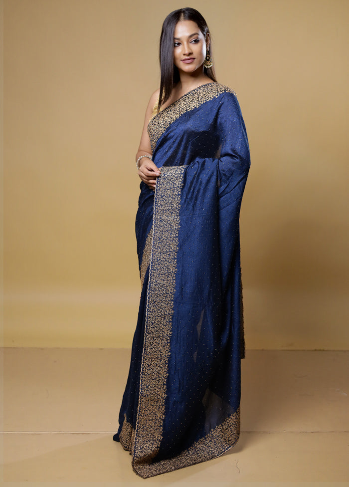 Blue Dupion Silk Saree With Blouse Piece