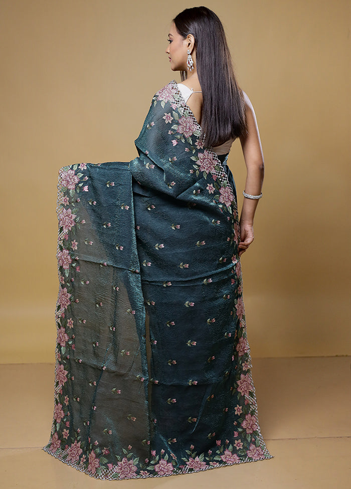 Green Crushed Tissue Silk Saree With Blouse Piece