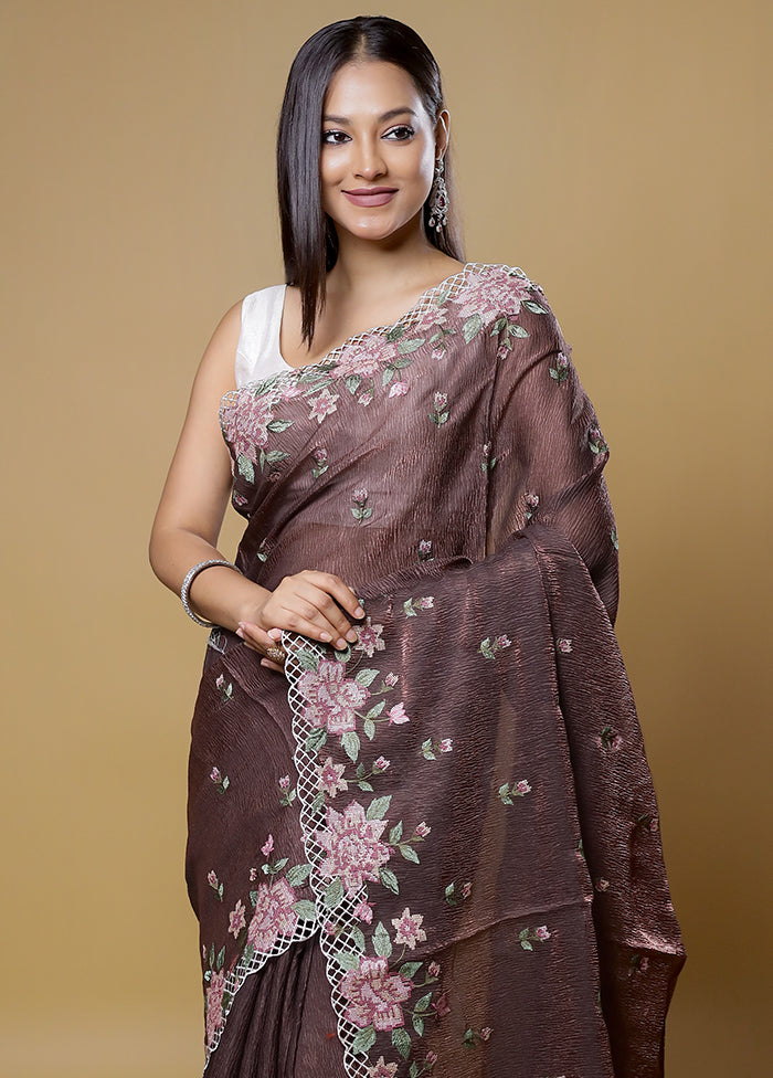 Brown Crushed Tissue Silk Saree With Blouse Piece