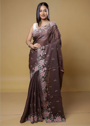 Brown Crushed Tissue Silk Saree With Blouse Piece