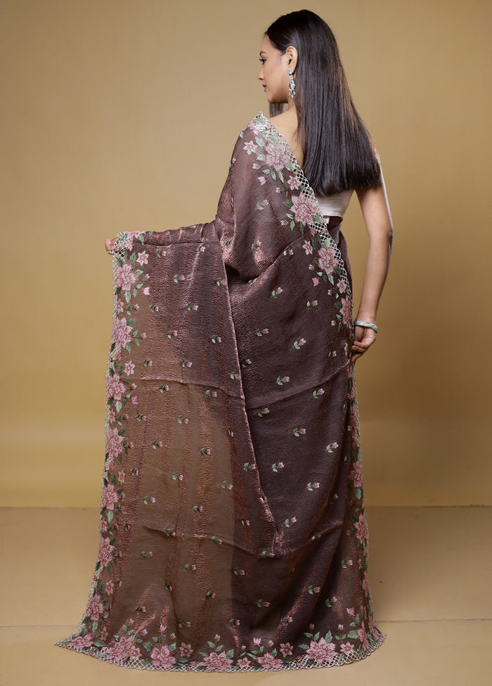 Brown Crushed Tissue Silk Saree With Blouse Piece