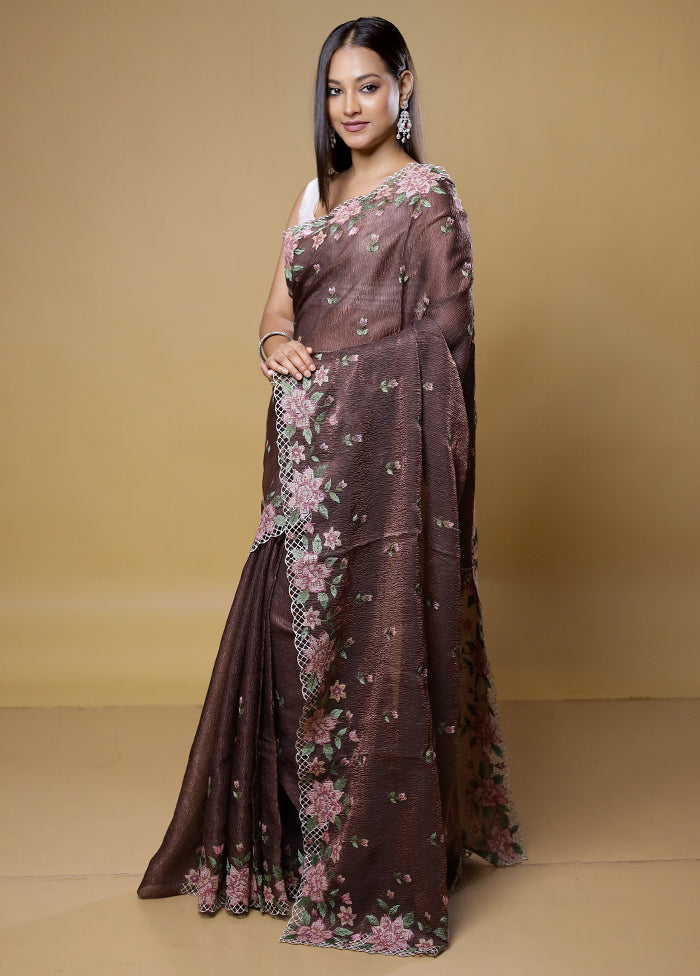 Brown Crushed Tissue Silk Saree With Blouse Piece