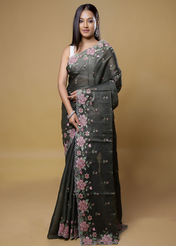 Green Crushed Tissue Silk Saree With Blouse Piece