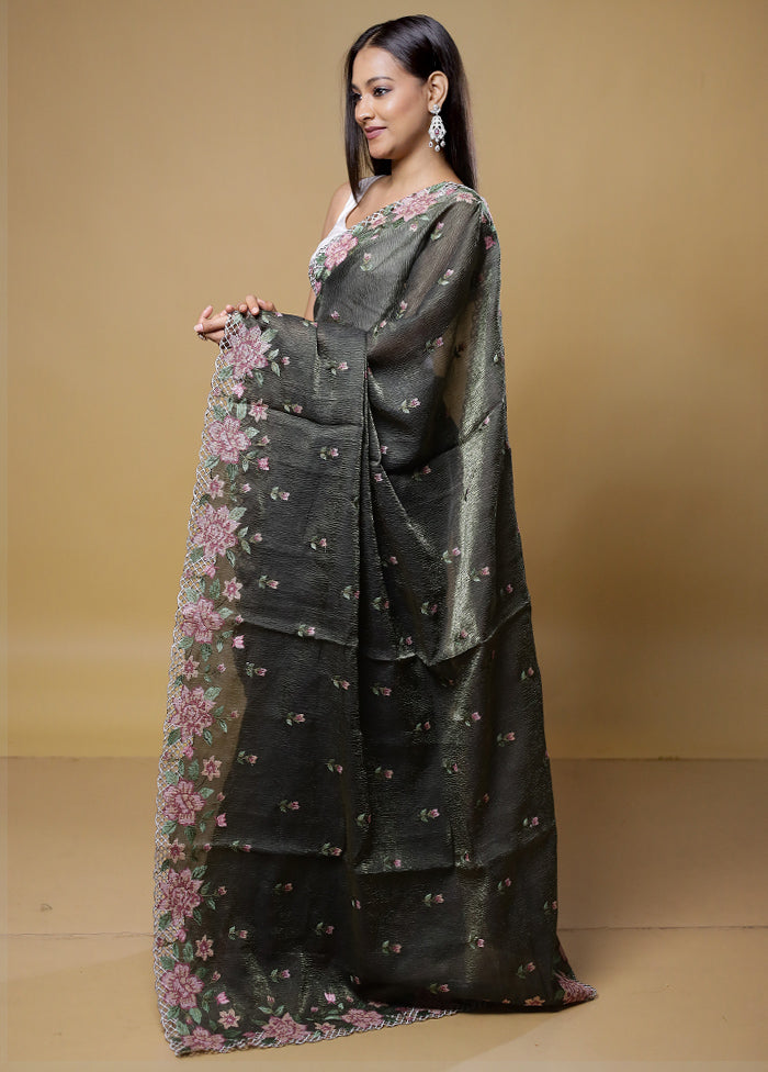 Green Crushed Tissue Silk Saree With Blouse Piece