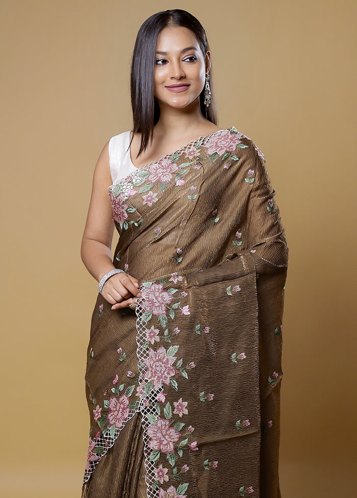 Brown Crushed Tissue Silk Saree With Blouse Piece