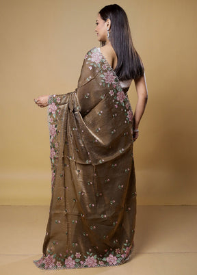 Brown Crushed Tissue Silk Saree With Blouse Piece