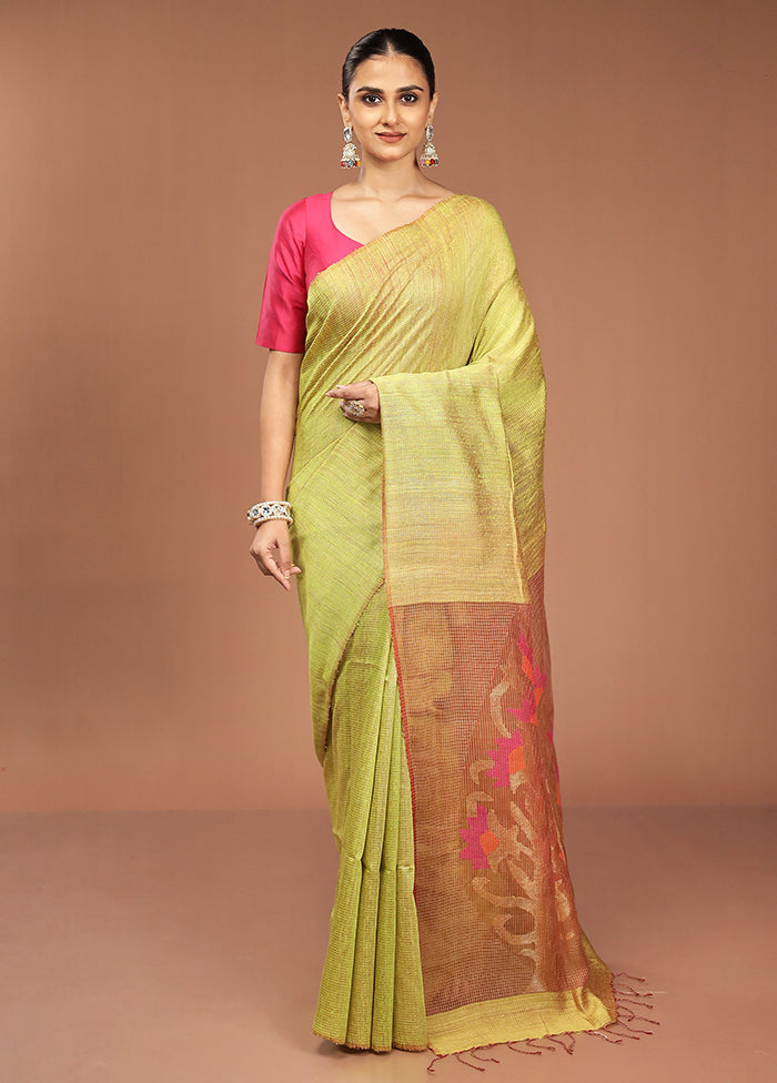 Green Handloom Matka Pure Silk Saree With Blouse Piece