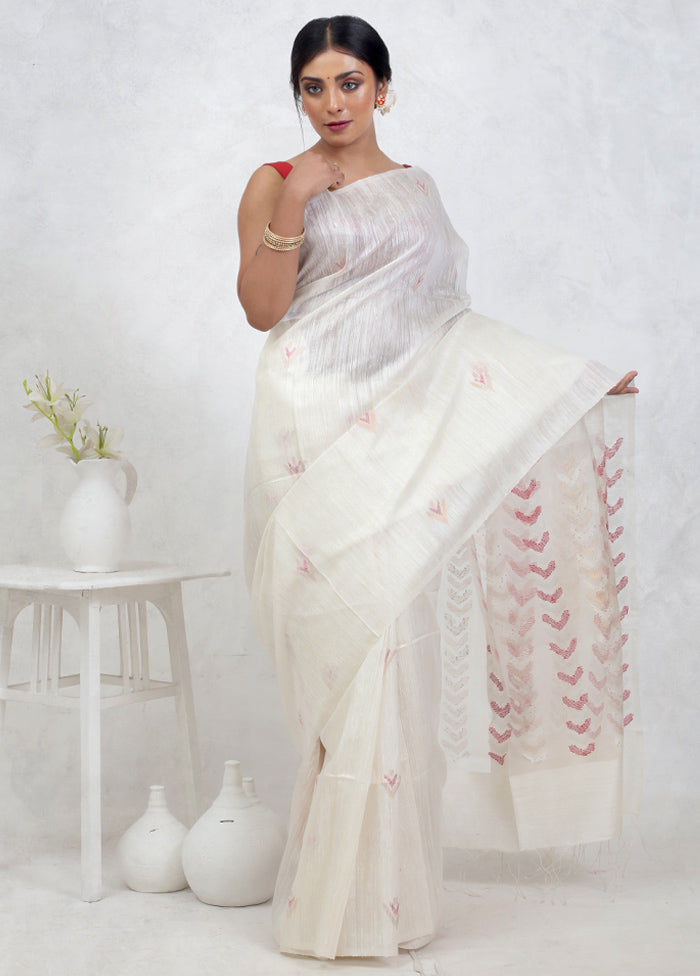White Matka Pure Silk Saree Without Blouse Piece - Indian Silk House Agencies