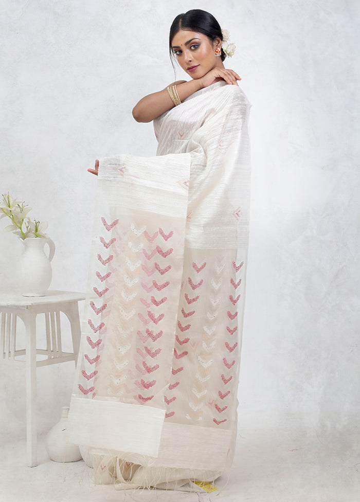 White Matka Pure Silk Saree Without Blouse Piece - Indian Silk House Agencies