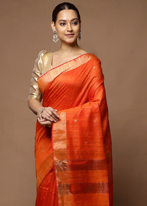 Orange Handloom Matka Pure Silk Saree With Blouse Piece