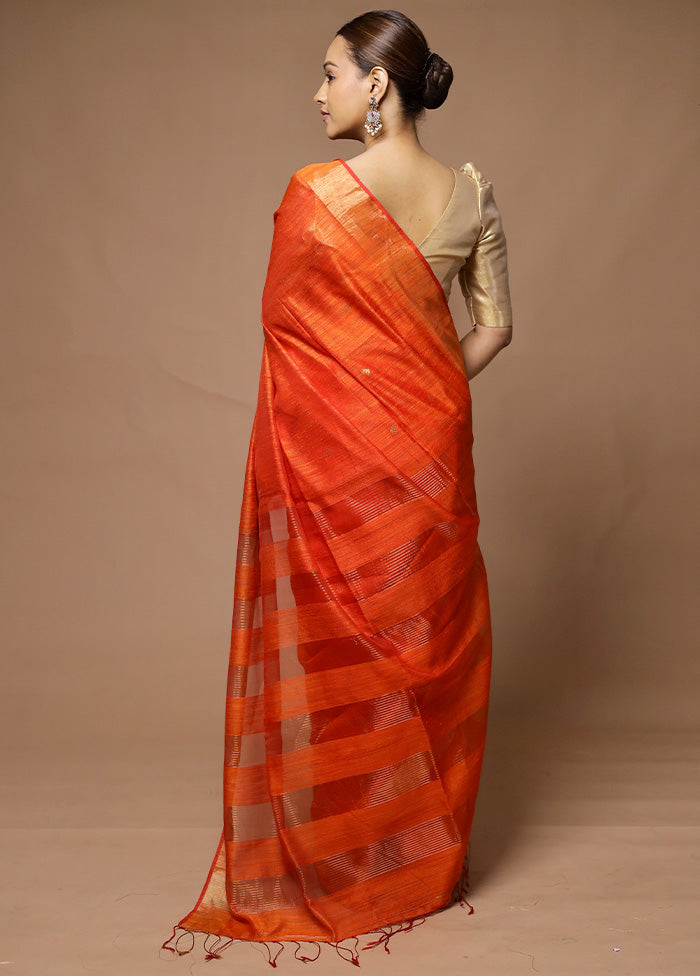 Orange Handloom Matka Pure Silk Saree With Blouse Piece