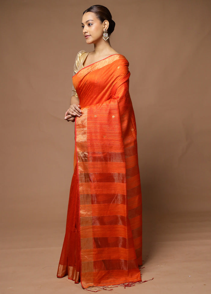 Orange Handloom Matka Pure Silk Saree With Blouse Piece