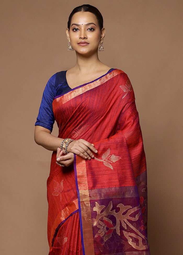 Red Handloom Matka Pure Silk Saree With Blouse Piece